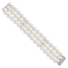 Sterling Silver Polished Rhodium Plated Finish Majestik Collection with 3 Strand 10-11-mm White Shell Pearl Bead Bracelet with Fold Over Clasp Hand Knotted Bracelet, Pearl Bead Bracelet, Bracelet Knots, Shell Beads, Bead Bracelet, Pearl Bracelet, Pearl Beads, Rhodium Plated, Diamond Bracelet