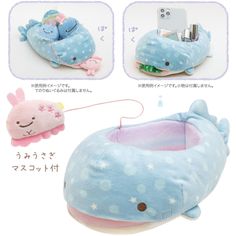 an animal shaped toy is shown in three different pictures, including one with a whale on it's head and the other with a mobile phone attached to its ear