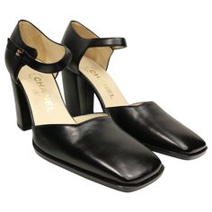 - Vintage 90s Chanel classic black leather Mary Jane style square toe heels. - Featuring gold hardware "CC" logo on the strap fastening . - Made in Italy. - Size 37.5. Designer Square Toe Heels With Buckle Closure, Designer Heels With Buckle Closure And Square Toe, Black Leather Heels With Rectangular Buckle, 90s Heels, Moodboard Png, Office Heels, 90s Chanel, Italian Heels, Vintage Inspired Shoes