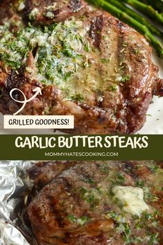 grilled goodness garlic butter steaks with asparagus