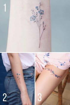 four pictures showing different types of tattoos on women's legs and the same one with flowers