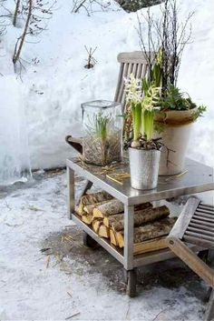 a small table with some plants on top of it and firewood in the background