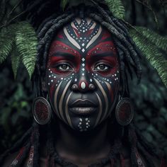 a woman with black and red face paint in front of green leaves on her head