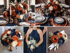 a collage of photos showing different types of wedding bouquets and table settings with orange, navy blue and white flowers