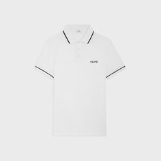 classic polo shirt in cotton piqué - OFF WHITE / BLACK | CELINE Classic White Polo Shirt With Ribbed Collar, Luxury Polo Shirt With Striped Collar, Classic White Collared Polo Shirt, Classic White Polo Shirt With Embroidered Logo, Elegant White Polo Shirt With Ribbed Collar, White Polo Shirt With Ribbed Collar For Work, Classic Polo Shirt With Striped Johnny Collar, White Collared Polo Shirt, Classic White Polo Shirt With Contrast Collar