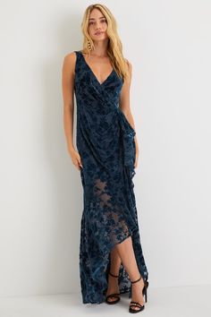 You'll have everyone fascinated with your effortless entrance in the Lulus Enchanting Impression Teal Blue Floral Velvet Ruffled Maxi Dress! Elegant woven chiffon, with an ethereal burnout velvet floral motif throughout, shapes a surplice neckline, wide tank straps, and a lightly gathered bodice with an alluring, deep V-back. Ruffle-trimmed skirt features gathering at the fitted waist before falling to an asymmetrical, high-low silhouette that ends at a maxi hem. Hidden back zipper/clasp. Fit: T Deep Autumn Wedding Dress, Dark Blue Bridesmaid Dress, Jewel Tone Dresses, Formal Winter Wedding, October Wedding Guest Dress, Blue Wedding Guest Dress, Wedding Guest Dress Maxi, Dark Blue Floral Dress, Dark Blue Bridesmaid Dresses