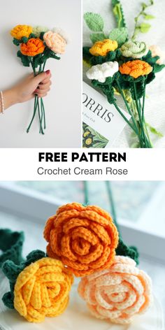 crochet flowers are shown in three different pictures and the text is free pattern