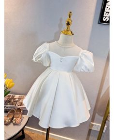 Get 10% off now! Buy elegant satin bubble sleeved flower girl dress with pearls at cheap price online. Free stable shipping and pro custom service since 2009. Elegant Solid Color Princess Dress For Dress-up, White Fitted Princess Dress With Puff Sleeves, Spring Wedding Princess Dress With Puff Sleeves, Satin Puff Sleeve Dress For Wedding, Satin Fitted Dress For Confirmation, Elegant Fitted Satin Princess Dress, Fitted Satin Dress For Confirmation, Elegant Wedding Princess Dress, White Princess Dress With Puff Sleeves