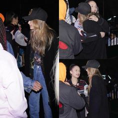 several photos of people at an event with one person wearing a hat and the other in jeans