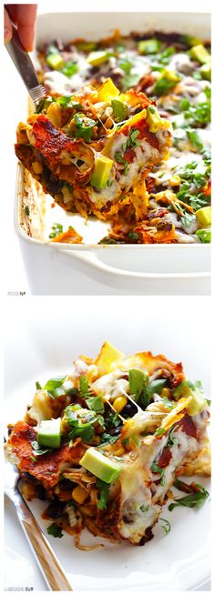 two pictures showing different types of lasagna casserole with cheese and vegetables