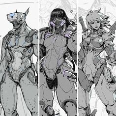 three different views of the same character from overwatch, including a woman in armor