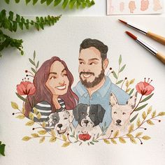 a watercolor painting of two people and three dogs on a white background with greenery