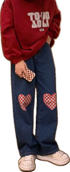 Casual Cotton Jeans With Heart Print, Casual Straight Leg Bottoms With Heart Print, Casual High Waist Heart Print Bottoms, Casual Cotton Bottoms With Heart Print, Red Cotton Bottoms With Heart Print, Long Jeans, Jeans Pants, Outfit Of The Day, Trendy Fashion