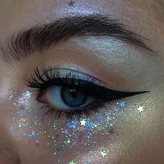 Silver Star Makeup Looks, Purple Sparkle Makeup, Space Themed Makeup Simple, Under The Stars Makeup, Midnights Inspired Makeup, Star Themed Makeup, Blue Sparkle Makeup, 18th Birthday Makeup, Bejeweled Aesthetic