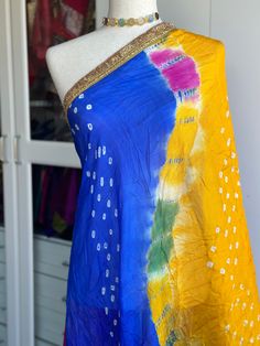 Bandini dupatta with gota Patti lace length 2.4 mtrs Blue Dupatta With Border For Diwali, Blue Bollywood Dupatta With Border, Festive Blue Dupatta With Border, Blue Bandhani Print Dupatta For Festival, Blue Dupatta With Border, Diwali Multicolor Dupatta With Border, Blue Border Dupatta, Semi-stitched Gold Dupatta With Border, Chanderi Dupatta With Border For Festive Occasions