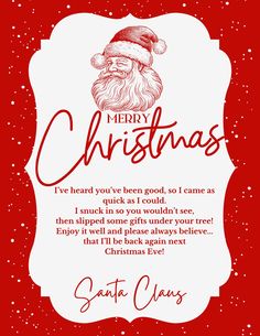 a merry christmas card with santa clause on the front and bottom corner, in red