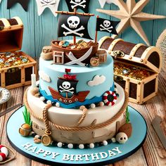 a birthday cake is decorated with pirate decorations and an image of a ship on it