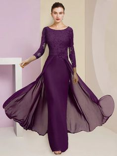 Sheath / Column Mother of the Bride Dress Formal Wedding Guest Elegant Square Neck Floor Length Chiffon Lace 3/4 Length Sleeve with Sequin Appliques Ruching Purple Long Sleeve Mother Of The Bride Dress, Purple Long Sleeve Dress For Mother Of The Bride, Chiffon Mother Of The Bride Dress With Long Sleeves, Chiffon Long Sleeve Mother Of The Bride Dress, Chiffon Long Sleeve Wedding Gown, Dress Formal Wedding Guest, Formal Wedding Guests, Sequin Appliques, Mother Of The Bride Dress