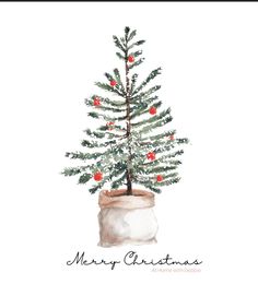 a watercolor christmas tree in a pot with red berries on it's top