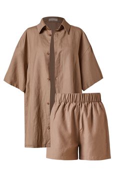 Unleash your inner fashionista with our Rora Brown Top and Shorts Set! This taupe two piece ensemble features an oversized shirt and elastic waist shorts, made from flowy fabric that's perfect for summer. Whether you're lounging or meeting up with the girls, this set has got you covered. Keep it comfy and trendy with our Rora Brown set! Brown Shorts, Brown Top, Maroon Color, Linen Set, Elastic Waist Shorts, Color Shorts, Striped Linen, Oversized Shirt, Black Stripes