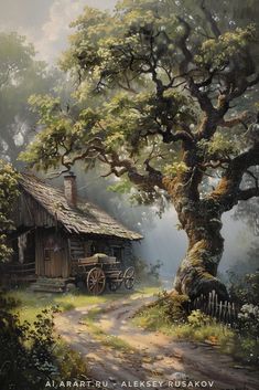 an oil painting of a country house and tree