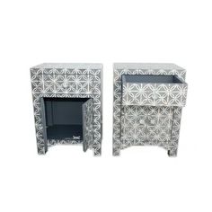 two side tables with one door open and the other closed, both decorated in grey and white geometric designs