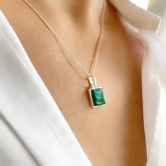 Malachite Square Necklace, Malachite Square Pendant, Sterling Silver Necklace, Layering Necklace, April and May Birthstone Gift - Etsy Sterling Silver Rectangular Pendant Necklace For May Birthstone, Green Rectangular Pendant Birthstone Necklace, Green Birthstone Rectangular Pendant Necklace, Green Birthstone Necklace With Rectangular Pendant, Green Pendant Necklace With Polished Finish, Green Polished Pendant Necklace, Green Gemstone Necklace With Rectangular Stone, Green Emerald Necklace With Rectangular Pendant, Green Sterling Silver Rectangular Pendant Jewelry