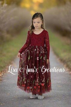 Burgundy Floral Embroidered Dress in Long Sleeve Lace Get ready to fall in love with the most breathtaking Burgundy Floral embroidery floral flower girl dress you've ever laid eyes on! With a stunning design and exquisite details, this dress is perfect for making cherished memories. Don't miss the chance to have your little girl shine bright on her special day! The dress has embroidered flowers all over the first layer of tulle. Colors are in greens, mauves, red, tans, burgundy, and creams. Plac Floral Flower Girl Dress, Fall Flower Girl Dresses, Burgundy Flower Girl Dress, Girls Fall Dresses, Girls Special Occasion Dresses, Burgundy Flowers, Special Occasion Dress, Floral Embroidered Dress, Embroidery Floral