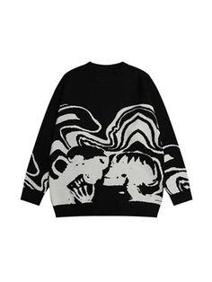 Oversized Skull Jacquard Pullover Sweater - AnotherChill Streetwear Sweater, Skull Sweater, Plus Size Pullover, Loose Fit Sweater, Pull Oversize, 90's Fashion, Jacquard Sweater, Graphic Sweaters, Long Sleeve Pullover Sweater