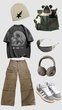 an assortment of clothing and accessories including headphones, backpack, hat, sunglasses, t - shirt