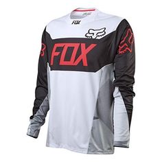 a white and black shirt with red fox logo on the chest, in front of a white background