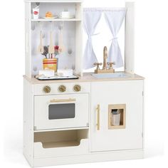 a toy kitchen with sink, stove and oven in white wooden cabinetd play set