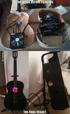 an electric guitar is sitting on the floor next to a fan and other electronic equipment