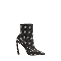 Christian Louboutin "Condora" allover spike studded calf leather ankle booties 4.0 in / 100 mm stiletto heel Pointed toe Side zip eases dress Signature Louboutin red leather outsole Made in Italy Luxury Spiked Boots For Party, High Heel Boots With Rivets For Party, Chic Party Boots With Studded Rubber Outsoles, Evening Boots With Studs And Pointed Toe, Pointed Toe Studded Boots For Evening, Party High Ankle Boots With Studs, Pointed Toe Spiked Boots For Night Out, Spiked Pointed Toe Boots For Night Out, Luxury Studded Boots For Party