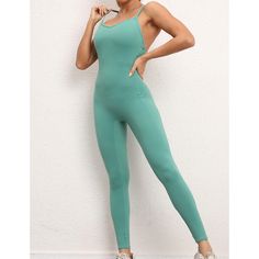 Green Back Criss-cross V Neck Nylon Jumpsuit Sporty Solid Color One-piece Bodysuit, Green High Stretch Bodysuit For Sports, Green Stretch Bodysuit For Sports, Sporty Green Stretch Jumpsuits And Rompers, Sporty High Stretch Green Bodysuit, Fitted Green Bodysuit For Sports, Fitted Green Jumpsuits And Rompers For Workout, Casual Green Workout Jumpsuit, Green Stretch Bodysuit For Athleisure