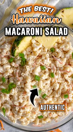 macaroni salad in a glass bowl with the title above it