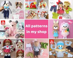 many different stuffed animals and toys are shown in this collage with the words all patterns in my shop