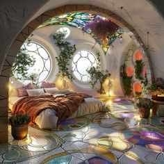 a bed sitting in the middle of a bedroom next to two round windows with plants growing out of them