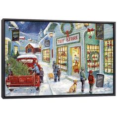 a painting of people walking down the street in front of storefronts with christmas decorations