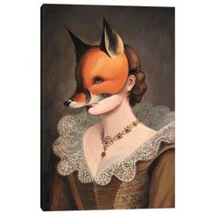 a painting of a woman with a fox on her head