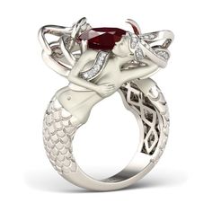 I found this beautiful item - Red Cushion Cut Sterling Silver Mermaid Ring from Jeulia.com, they offer premium quality jewelry at affordable price. Like it? Mermaid Accessories, Rainbow Topaz, Mermaid Ring, Necklace Moon, Silver Mermaid, Mermaid Jewelry, A Mermaid, Ring Collections, Cushion Cut