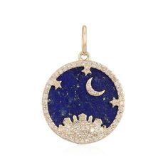 14K Gold Diamond Celestial Lapis Necklace Charm Luxury Blue Locket Jewelry, Celestial Sapphire Pendant Jewelry, Blue Gemstone Celestial Necklace, Blue Celestial Gemstone Jewelry, Blue Celestial Birthstone Jewelry, Celestial Pendant Jewelry For Meditation, Celestial Gemstone Pendant Jewelry, Celestial Gemstone Medallion Jewelry, Celestial Blue Jewelry With Moon Charm