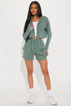 Available In Black And Sage. Washed Ribbed Short Set Cropped Zip-Up Hoodie Sweatshorts Elastic Waistband Drawstring Cargo Pockets Stretch Disclaimer: Due To The Specialized Wash Process, Each Garment Is Unique. 100% Cotton Imported | Blair Thermal Short Set in Sage size Large by Fashion Nova Cropped Zip Up Hoodie, Search By Photo, Classic Aesthetic, Cropped Zip Up, Ribbed Shorts, Hoodie Set, Short Set, Matching Dresses, Zip Up