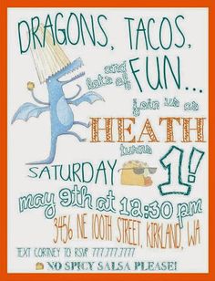 an orange and white poster with the words dragon's tacos fun