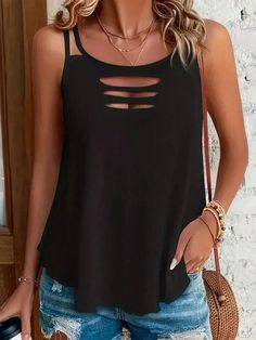 Black Casual Collar  Knitted Fabric Plain Cami,Tank Embellished High Stretch  Women Clothing Women Tank Tops, Tank Top Cami, Cami Tanks, Kids Beachwear, Black Casual, Primavera Estate, Fashion Online Shop, Summer Casual, All Fashion