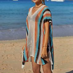 Women's Crochet Beach Bikini Cover-Up Colorful Strip Tassels V Neck Drop Shoulder 3/4 Sleeve Loose Waisted Mini Length K516 Acrylic + cotton blend Imported Hand Wash Only The fabric has some stretch Feature: long sleeve, hollow out, crochet cover up, cover ups for swimwear women Regular fit, swim cover-ups for women, crochet cover-ups for swimwear women, swimsuit cover-up Occasions: suitable for swimwear, beach, swimming pool, summer party, and vacation Please refer to the last image for the siz Casual Crochet Cover-up For Beach, Summer Beach Crochet Cover-up, Spring Multicolor Crochet Top For Beach Cover-up, Multicolor V-neck Beach Cover-up, Multicolor Free Size Beach Cover-up, Crochet Cover Up, Swim Cover, Beach Covers, Swimsuit Cover