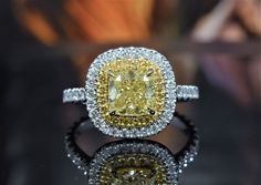 This lovely double halo Fancy Yellow Diamond Ring features a 1.50 Ct. natural fancy yellow cushion cut diamond with VS2 clarity. Surrounding the center gem and the shank are 1.00 Ct. of round cut fancy yellow and white diamonds in U-Pave setting. Metal : 14K Gold, 18K Gold, Platinum/18KY Setting Type : U-Pave, Prong Total Carat : 2.50 Carats Type : Natural Diamond Shape : Cushion Cut Carat Weight : 1.50 Ct. (GIA Certified) GIA Certificate : Included, Contact us to obtain copy Cut : Excellent Color : Natural Fancy Yellow Clarity : VS2 Type : Natural Diamonds Shape : Round Cut Side Stones : 1.00 Ct. Cut : Excellent Color : E-F, Fancy Yellow Clarity : VS2 Yellow Cushion Cut Diamond Ring With Halo Setting, Yellow Diamond Ring With Halo, Yellow Diamond Halo Jewelry, Luxury Yellow Halo Jewelry, Yellow Diamond Halo Ring, Halo Cushion Engagement Ring, Fancy Yellow Diamond Ring, Yellow Diamond Ring, Cushion Cut Diamond Ring