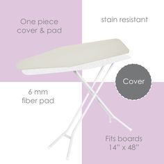 an ironing board and cover are shown with the measurements for each item in this image