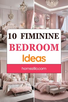 pink bedroom with white furniture and chandelier above the bed is featured in this collage