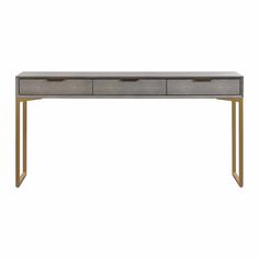 a grey desk with two drawers and gold legs